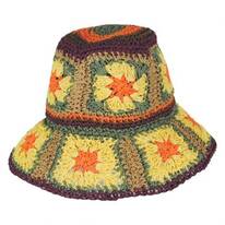 Fergie Granny Square Hand Crochet Toyo Straw Bucket Hat